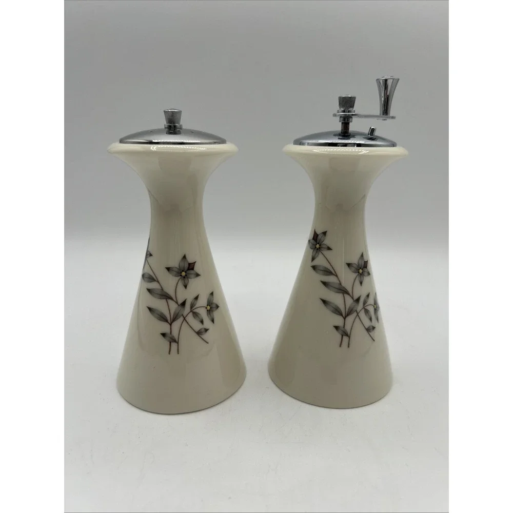 Lenox Salt Shaker and Pepper Mill Set Cream Floral Chrome Top Mid Century Modern